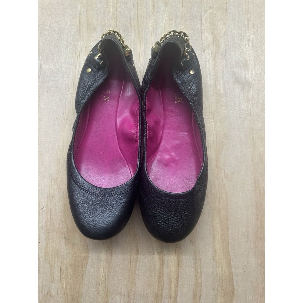 Ralph Lauren 7B Ballet Flats Barb Black‎ Leather Gold Chain Designer Career